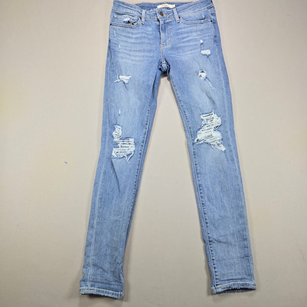 Levi's 711 Skinny Jeans Distressed Ripped Light Wash Blue Denim Womens 27x30